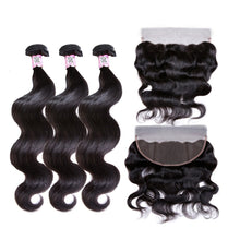 Load image into Gallery viewer, 100% Human Hair - 3 Bundles + Closure  (14", 16", 18", +12" * 13x4 lace Frontal)
