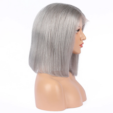 Load image into Gallery viewer, 100% Human Hair Grey Bob "TRANSPARENT" Lace Front Wig 8" Inches
