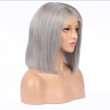 Load image into Gallery viewer, 100% Human Hair Grey Bob "TRANSPARENT" Lace Front Wig 8" Inches
