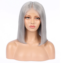 Load image into Gallery viewer, 100% Human Hair Grey Bob "TRANSPARENT" Lace Front Wig 8" Inches

